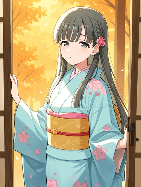 masterpiece,best quality,very aesthetic,absurdres,highres,newest,
1girl,solo,
kbykwse kimono,kobayakawa sae,black eyes,black hair,braid,eyebrows visible through hair,
japanese clothes,kimono,long hair,long sleeves,print kimono,shiny,shiny hair,wide sleeves,
flower,hair flower,hair ornament,highres,
bangs,blunt bangs,bow,
<lora:idolmaster_kobayakawa_sae_ill_v1.0:1>,