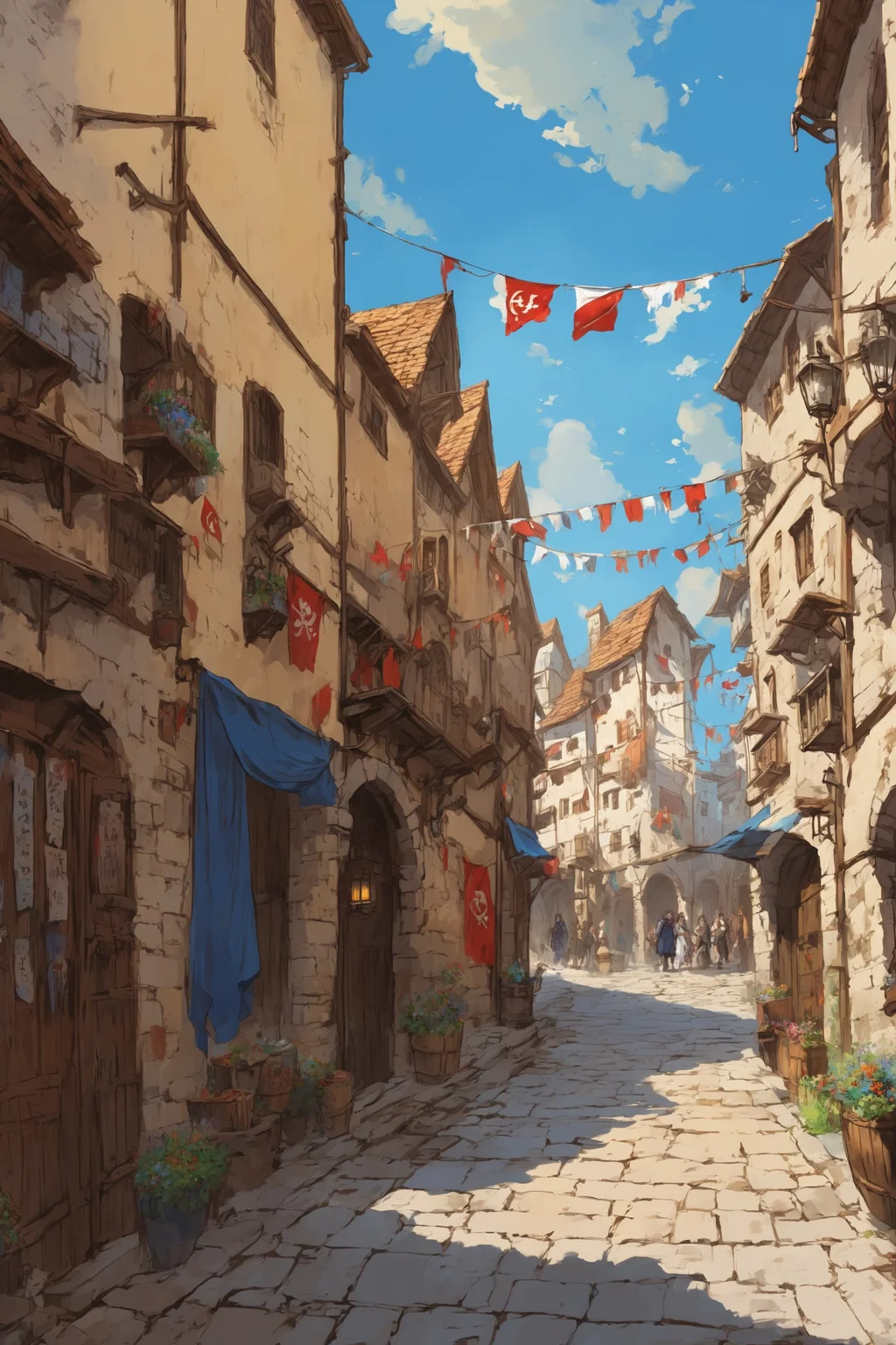dnd best quality masterpiece atmospheric digital painting artwork 4k 8k highly detailed colorful wealthy (beautiful winding medieval city street:1.2) flags and banners hanging between buildings stone plaster shops taverns people market (bright morning light:1.1) sunny blue sky mat painting, key visual anime background screencap