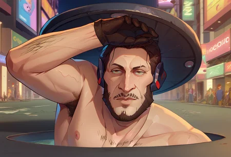 score_9, score_8_up, score_7_up,  1boy, Majima everywhere, manhole cover, arm up, <lora:Majima everywhere 3-000008:1> handsomize,  JetstreamSam, beard,    <lora:handsomize_x_pdxl_v1:1> <lora:JetstreamSam_XLPD:1>