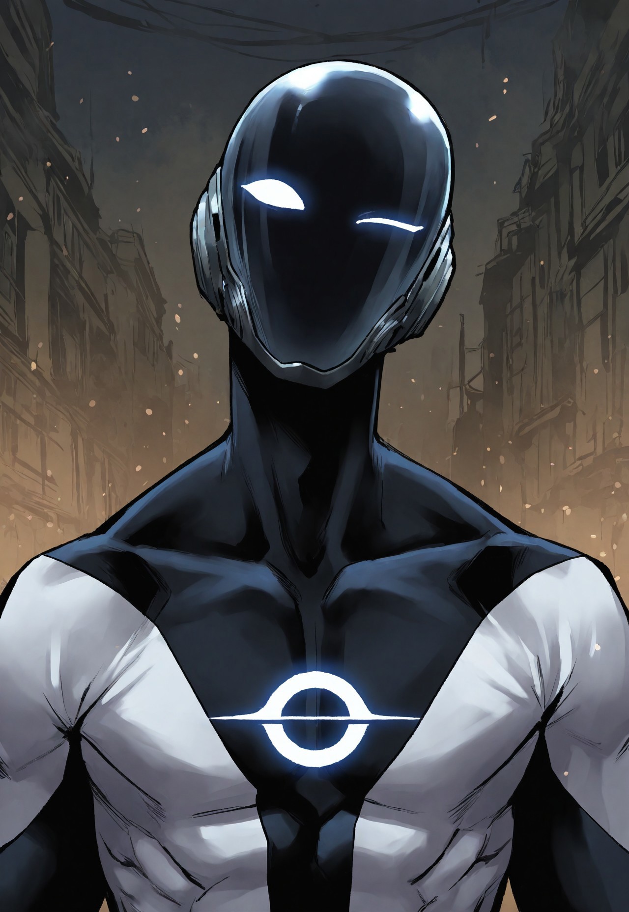 masterpiece, best quality, amazing quality, very aesthetic, absurdres, newest, detailed background, ra3iant, 1boy, solo, bodysuit, black bodysuit, white bodysuit, mask, no nose, close-up, white eyes, one eye closed, head tilt