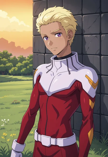 safe_pos, score_9, score_8_up, score_7_up, source_anime, cowboy shot, side view, BREAK, ( dearka_elsman, purple eyes, blonde hair, best eyes, looking at viewer, red pilot suit, sultry expression, 1boy, male focus, solo, ) BREAK, metal wall, sunset, grass, soil,
