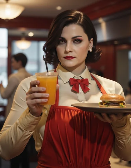 photo of  <lora:Lady_Dimitrescu_Flux:1> Lady Dimitrescu working at mcdonald's,  wearing mcdonald's uniform, holding a tray with drink and cheeseburger, unamused expression , looking at viewer,