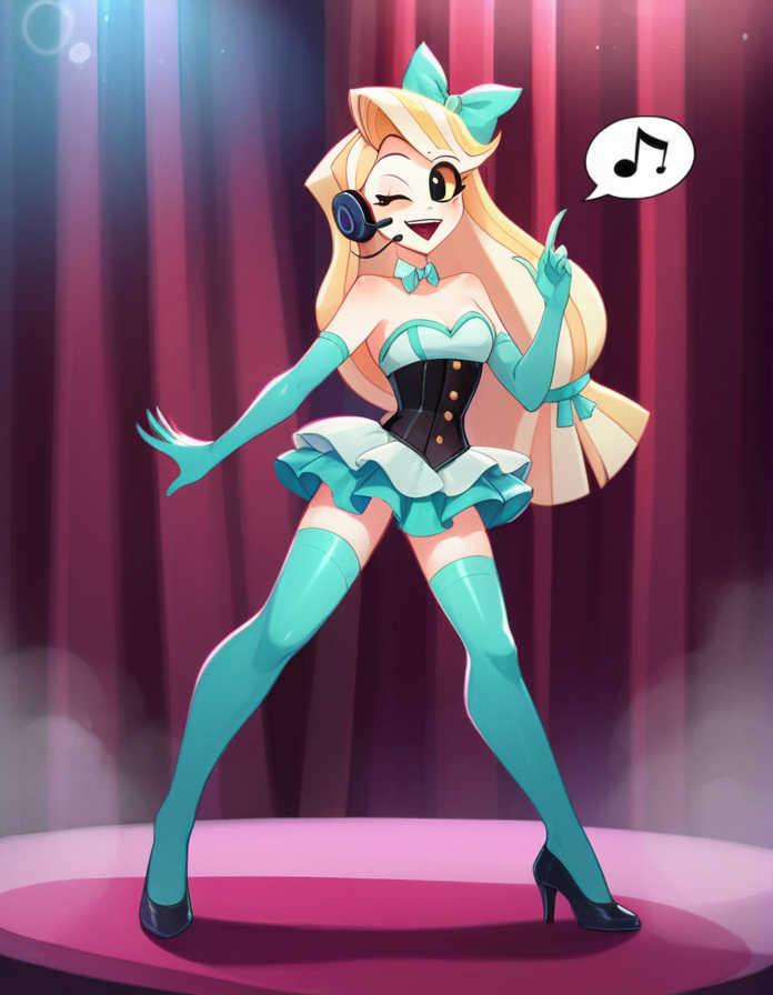 \(hazbin hotel\), Charlie Morningstar , , idol uniform, frilled miniskirt, headset, shiny clothes, corset, hair ribbon, thighhighs, bare shoulders, elbow gloves, (aqua clothes, black clothes:1.1), high heels (idol) concert, stage curtains, colored stage lights, (solo:1.3), standing, spread legs, arm down, wink, show lens flare, fog, spoken musical note, rating_safe , (\(yu-gi-oh!\):1.1), BREAK score_9, score_8_up, score_7_up, score_6_up, score_5_up, score_4_up BREAK zPDXL