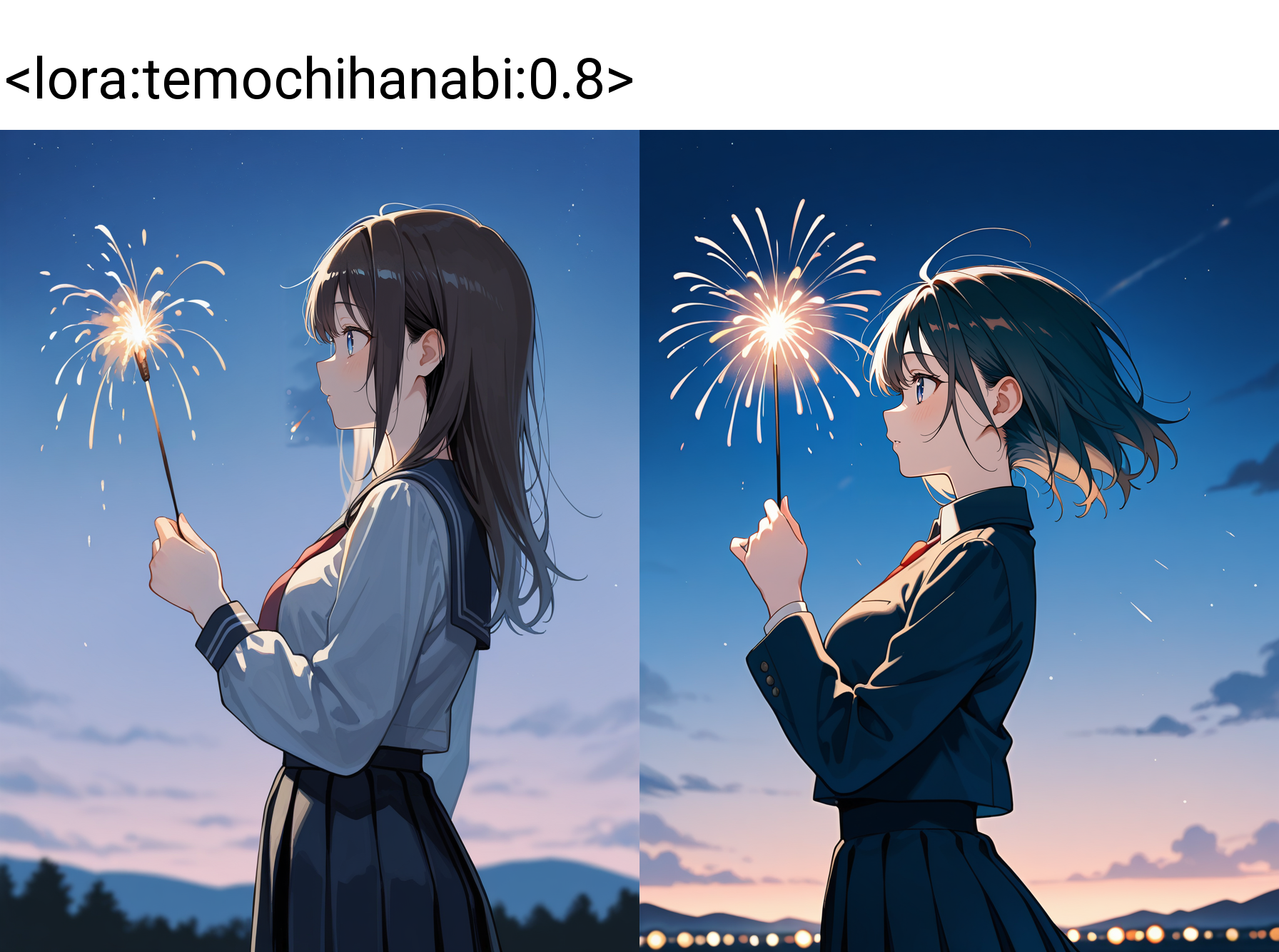 score_7_up, anime, solo, 1girl, one girl, 
<lora:temochihanabi:0.8>, temochihanabi, 
night, sky, dark, outdoors, blurry, holding, from side, hand-held fireworks, 
(masterpiece:1.3), best quality, high resolution, unity 8k wallpaper, extremely detailed CG, 8K, (watercolor \(medium\), muted color, sketch:1.1), perfect anatomy, highly finished, masterpiece, best quality, high quality, amazing quality, great quality, very aesthetic, ultra detailed, highres, absurdres, highly detailed, highly detailed background,