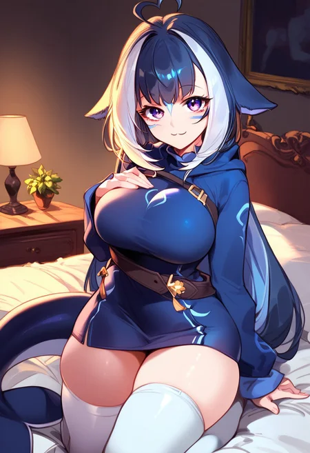 score_9, score_8_up, score_7_up, score_6_up, BREAK, cute, mature, (shylily1st, heart ahoge, facial mark, fins, body markings, cetanean tail, solo, thighhighs, dress, belt, white thighhighs, zettai ryouiki, hoodie, short dress, dark blue dress, turtleneck dress, sleeves past fingers), indoors, bedroom, dark room, BREAK big breasts, glossy skin, thin waist, looking at viewer, smile, on bed, legs spread, on knees