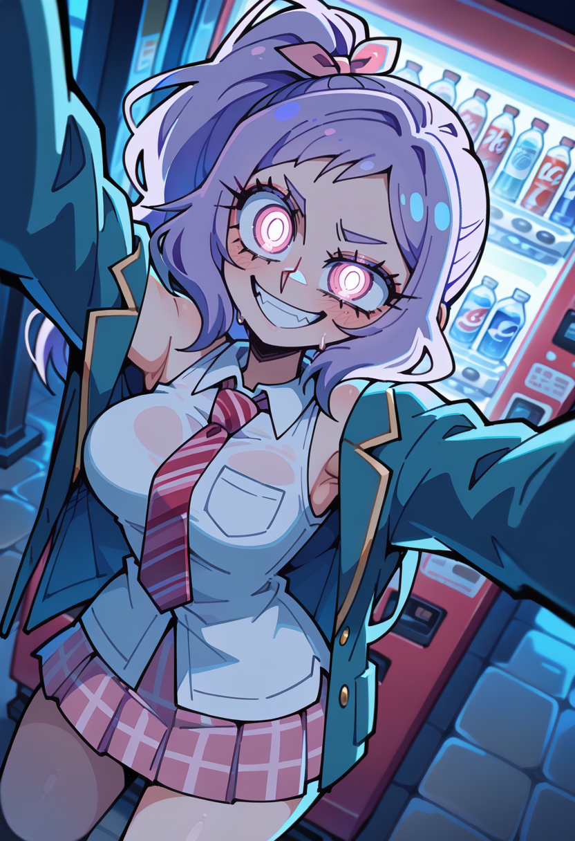 1girl,    purple hair, medium hair,     hot pink eye, medium breasts,  curvy,  
BREAK dutch angle,  1girl, standing, arms Stretched Up, Armpit Crease,  Naughty Smiling,    
BREAK              overfit blazer, white shirts, pink miniskirt, striped tie,  shop, vending machine,    
BREAK safe, (vanripper:1.1), (bloom2425:0.9), uekura eku, simple background, thick outlines, best quality, very aesthetic, absurdres, newest, <lora:ponyv5_noobE11_1_adamW:0.5>, <lora:lora:0.3>