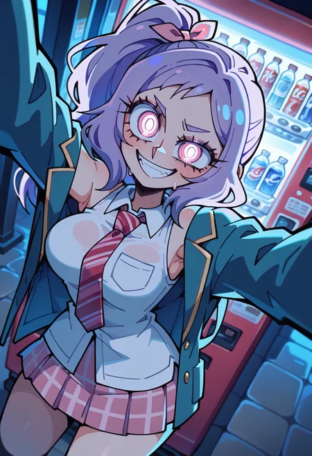 1girl,    purple hair, medium hair,     hot pink eye, medium breasts,  curvy,  
BREAK dutch angle,  1girl, standing, arms Stretched Up, Armpit Crease,  Naughty Smiling,    
BREAK              overfit blazer, white shirts, pink miniskirt, striped tie,  shop, vending machine,    
BREAK safe, (vanripper:1.1), (bloom2425:0.9), uekura eku, simple background, thick outlines, best quality, very aesthetic, absurdres, newest, <lora:ponyv5_noobE11_1_adamW:0.5>, <lora:lora:0.3>