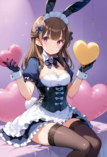 score_9, score_8_up, score_7_up, 1girl, solo, bunny ears, long hair, brown hair, bangs, holding balloon, heart-shaped balloon, black and white outfit, maid outfit, thighhighs, stockings, black stockings, gloves, corset, detailed, looking at viewer, sitting pose, minimalistic background, pale purple background, soft lighting, cosplay, bunny girl, lace-up, playful expression, cute, indoors, kawaii, feminine, alluring, sleek design.