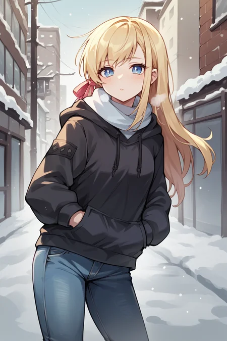 score_9, score_8_up, score_7_up, score_6_up, source_anime, BREAK 1girl <lora:ryne-pdxl-nvwls-v1:1> ryne, blonde hair, blue eyes, hair ribbon, black hoodie, jeans, hands in pockets, winter, snow, city, looking at you, steamy breath