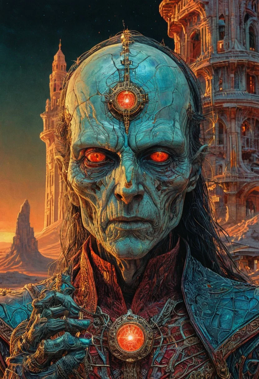 appears trapped in an optical illusion of reflections and refractions. Illustration by moebius, a tower in a desert, intricate details, an undead wizard with glowing turquois eyes wearing robes that are red and black with an intricate pattern of gold lightening motif have the wizards hands spread out with energy glowing around his hands that are the same color as his glowing eyes also have the mouth open and the face of the undead wizard look very decayed but still have some flesh medium grain, FRESHIDESH Moebius comic book