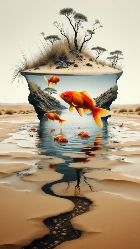 bo-exposure, Desert sands swirl as goldfish swim through floating islands, gravity lost in a surreal expanse, double exposure, bo-exposure, arid oceans, aquatic desert, a clash of realms