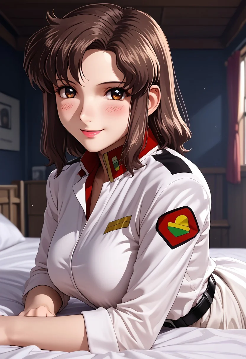 score_9,score_8_up,score_7_up,source_anime, 
1girl, solo, murrue ramius, murrue, 
brown hair
white uniform, white skirt, pantyhose, belt, 
breasts, large breasts, 
looking at viewer, smile, blush, 
nebakku, on stomach,lying, 1girl, sex, 1boy, sex from behind, 
indoors, bedroom, dorm, bed, dark background, bokeh, volumetric,