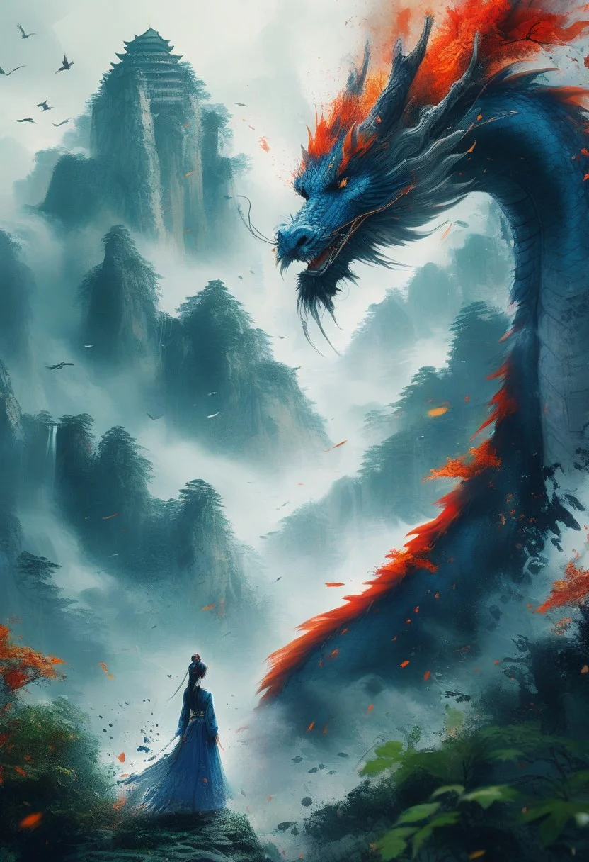 A colorful ink sketchA, A cinematic scene of the damsel standing in a clearing, facing the dragon that roars above her with fire flickering from its mouth. The jungle is alive with glowing flora, and the ruins around them hint at an ancient power. The damsel holds her ground, her expression fierce. High contrast, silver tones, hyper-realistic details capturing the scales of the dragon and the beauty of the jungle. 4K resolution