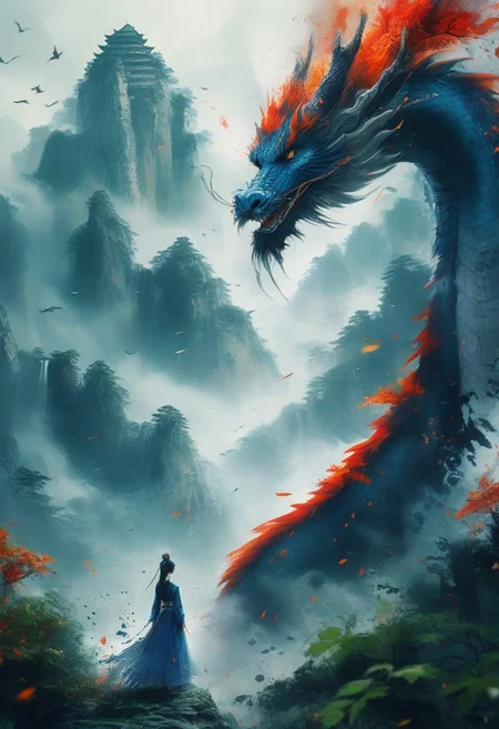 A colorful ink sketchA, A cinematic scene of the damsel standing in a clearing, facing the dragon that roars above her with fire flickering from its mouth. The jungle is alive with glowing flora, and the ruins around them hint at an ancient power. The damsel holds her ground, her expression fierce. High contrast, silver tones, hyper-realistic details capturing the scales of the dragon and the beauty of the jungle. 4K resolution