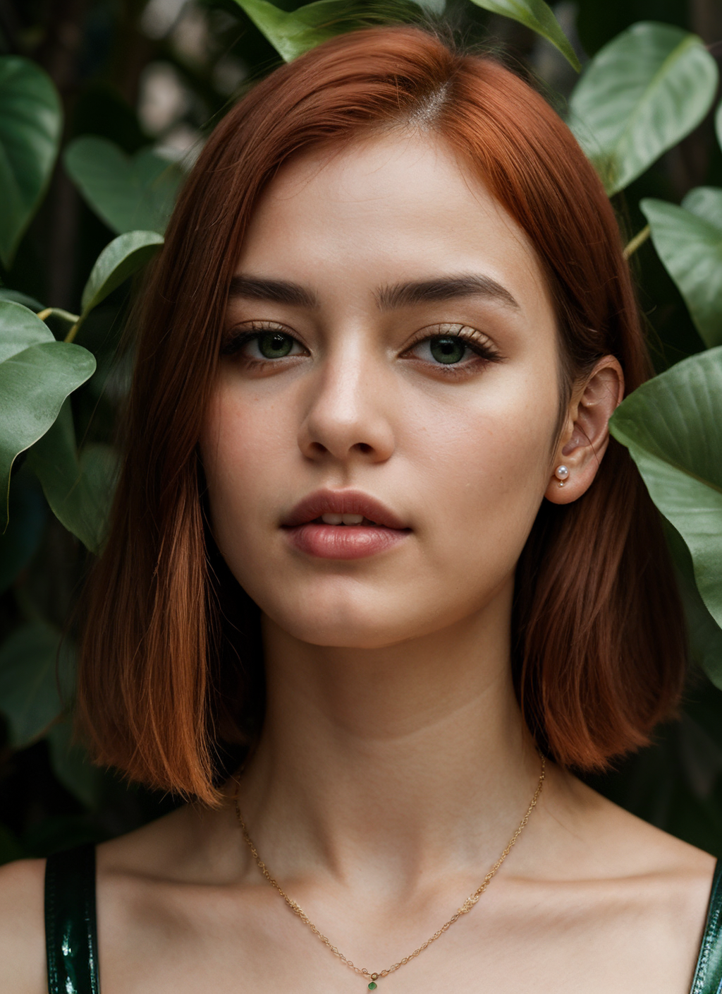 a woman with red hair and green leaves, hyper-realistic skin, shiny/glossy, modern jewelry, gongbi, portraiture, dark teal and light gold, tropical landscapes
