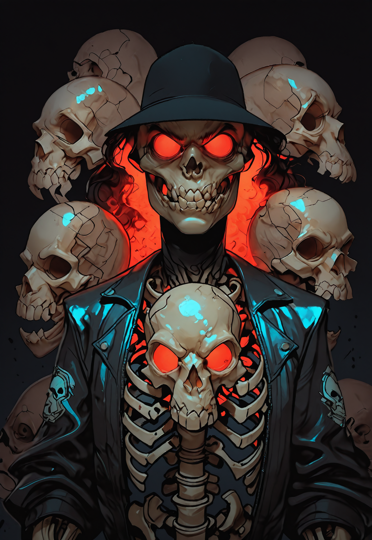 MythAn1m3, INCASE Style,   Title: "Dark Gothic-Style Illustration - Skull-Faced Figure"  Art Style: A dark, gothic-style illustration featuring a central figure with a skull-like face, red eyes, and an ornate umbrella with Japanese characters. The style emphasizes intricate details and a somber, mysterious atmosphere.  Subject & Details: The central subject is a figure with a skull-like face, red eyes, dressed in a black leather jacket adorned with intricate designs and symbols, including a skull emblem on the left side. The attire also includes a helmet with a similar skull design. The figure carries a large, ornate umbrella with Japanese characters.  Visual Elements: The figure's skull-like face, red eyes, black leather jacket with intricate designs and symbols, helmet, and ornate umbrella contribute to the dark and mysterious atmosphere of the image. The muted background with soft beige tones and faint silhouettes of birds in the distance add depth and visual interest. The overall color palette is dominated by dark shades of black, gray, and white, with the red eyes providing a striking contrast.  Composition: The composition focuses on the central figure's somber and mysterious appearance, emphasizing intricate details and the gothic atmosphere. Attention to detail in the character's facial expressions, body language, and physical characteristics helps create an immersive experience that tells a story or evokes emotions without relying on text. The overall color palette and muted background add depth and visual interest to the image.  Additional Details: The dark, gothic-style illustration exudes a sense of mystery and intrigue, with the figure's skull-like face, red eyes, and ornate accessories contributing to an air of foreboding and drama. solo, looking_at_viewer, short_hair, simple_background, shirt, 1boy, red_eyes, hat, jacket, upper_body, monochrome, male_focus, open_clothes, open_jacket, black_jacket, gradient_background, mask, glowing, glowing_eyes, clothes_writing, zipper, skull, cyborg, skeleton, cyberpunk, skull_print
