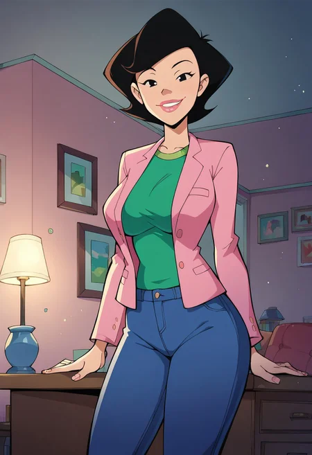 score_9, score_8_up, score_7_up, score_6_up, score_7_up, source_cartoon,BREAK, 1girl, susanlongv1, looking at viewer, pink lips, smile, black hair, black eyes, mature female, large breasts, curvy, squinting, green shirt,pink blazer,blue jeans, in the livingroom,evening, volumetric lighting, light particles