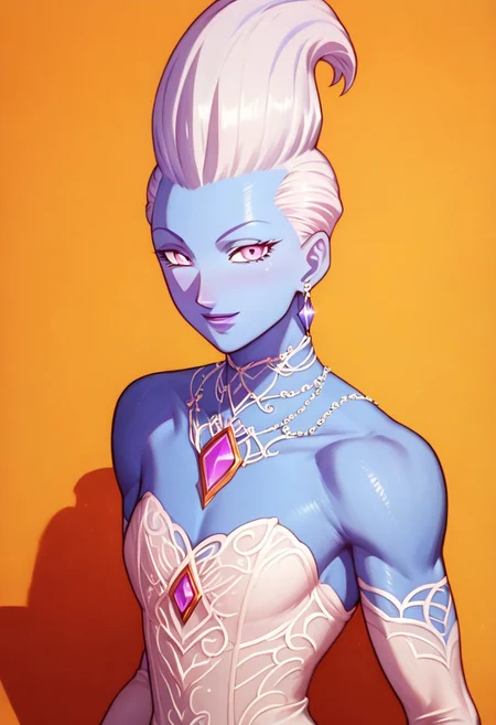 score_9_up, score_8_up, score_7_up, best_quality, Expressiveh, IBG, solo, whis, blue skin, white hair, pointy hair, lavender eyes, purple lips, gentle smile, (wedding dress 1.2) , vibrant garden, alien world, vibrant bioluminescent fauna, dazzling moonlight, full-body picture, looking at viewer,