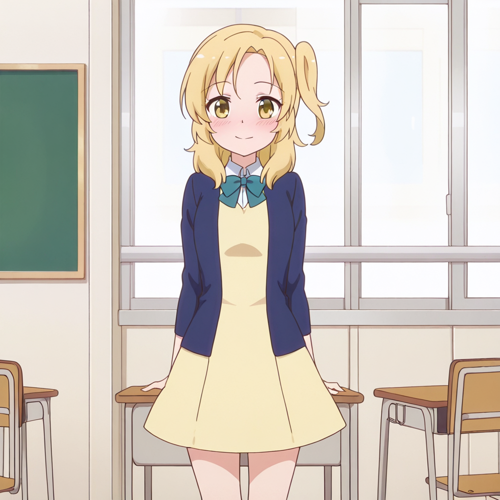 nsfw, masterpiece,best quality,amazing quality,1girl, solo, anima_yell_uki_sawatari, standing, smile, blonde hair, solo, yellow eyes, school uniform,dress,jacket, bow, blush, side ponytail, classroom, looking at viewer, <lora:Uki_Sawatari_-_Anima_Yell:0.7>