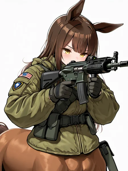 masterpiece, best quality, amazing quality, very aesthetic, high resolution,
epona, centaur, 1girl, gun, weapon, animal ears, solo, holding, holding weapon, gloves, white background, holding gun, simple background, yellow eyes, rifle, brown hair, green jacket, aiming, jacket, black gloves, assault rifle, bangs, horse tail,
<lora:epona_race_v2_illustrious_epoch_7:0.9>,
<lora:NOOB_EPSv1_1_detailer_by_vlnvk_v1_0:1>
