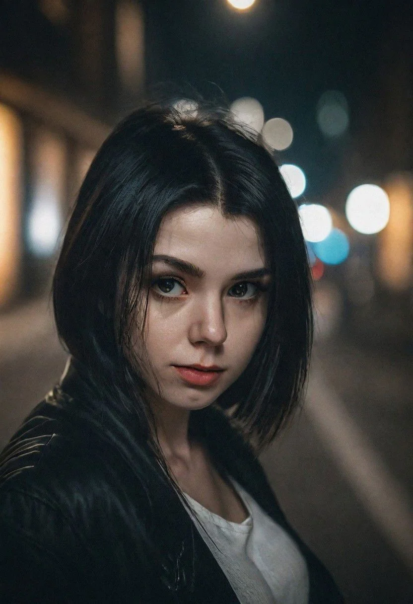 Portrait face Solo female ciborg in city, photograph ,pale beautiful Irish woman, black hair, beautifull eyes, night time, cinematic composition, cinematic filtering