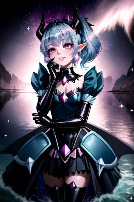 EvlSM, DarkPrecure, Bad_End_Precure, CorruptA, professional image of a cute young woman, (frilly elegant glossy dark holographic dress, crescent brooch, crescent earrings, crescent accessories:1.2),
(blue water dragon horns, blue water dragon tail:1.3), (short hair, side ponytail, hair above cheeks, light blue hair with light pink hairtips, gradient hair, multicolored hair:1.4), red eyes, (small breasts, cute face, pointy ears, evil laugh, evil eyes, corrupted:1.1), (sparkles, sparkling clothes, sparkles near eyes:1.3),
(intricate aquatic background, underwater, sparkling water, ocean floor, corral reef, bubbles:1.2), 
(ultra wide angle shot, cinematic style, absurdres, incredibly absurdres, huge filesize, extremely detailed, High quality texture, physically-based rendering, Ray tracing, octane render, sharp focus, (8k), (4k), (Masterpiece), (Best Quality), extremely detailed, intricate, hyper detailed, illustration, soft lighting, high resolution, sharp detail,)
