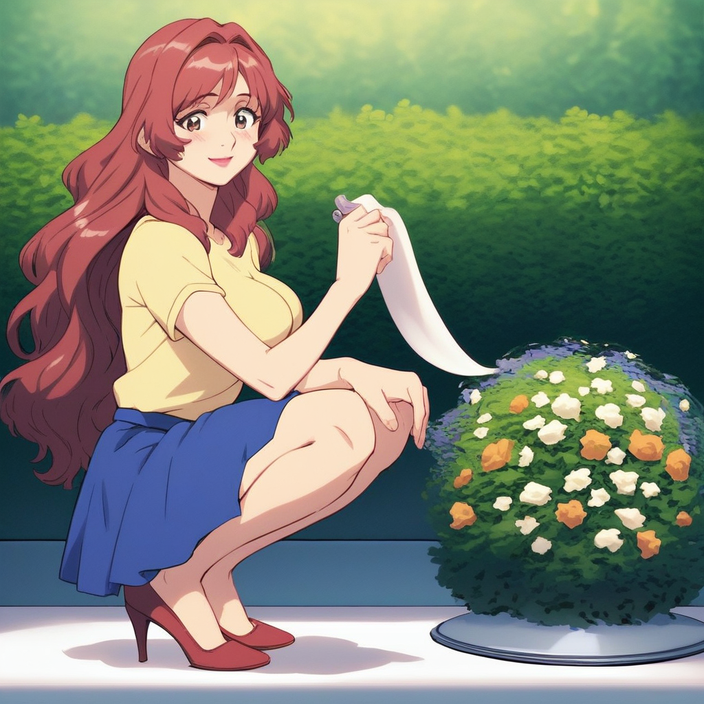 source_anime, ((score_9)),score_8_up,score_7_up,score_6_up,score_5_up,score_4_up, takama_kozue, t4k4m4k0zu3, 1woman, squatting, large breasts, brown_eyes, eyelashes, long hair, red hair, hair intakes, bang, sidelocks, blush, florist, yellow shirt blue skirt, jewelry, smile, lipstick, highheels, masterpiece, best quality