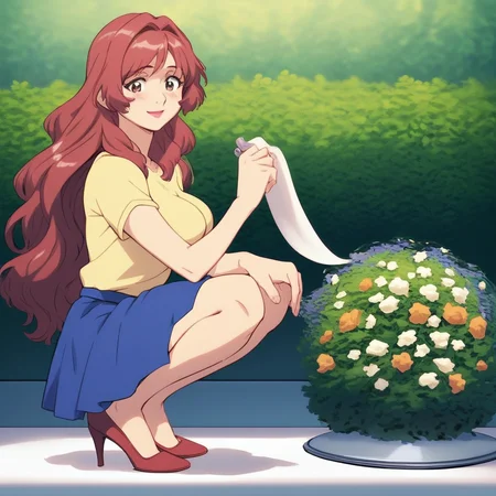 source_anime, ((score_9)),score_8_up,score_7_up,score_6_up,score_5_up,score_4_up, takama_kozue, t4k4m4k0zu3, 1woman, squatting, large breasts, brown_eyes, eyelashes, long hair, red hair, hair intakes, bang, sidelocks, blush, florist, yellow shirt blue skirt, jewelry, smile, lipstick, highheels, masterpiece, best quality