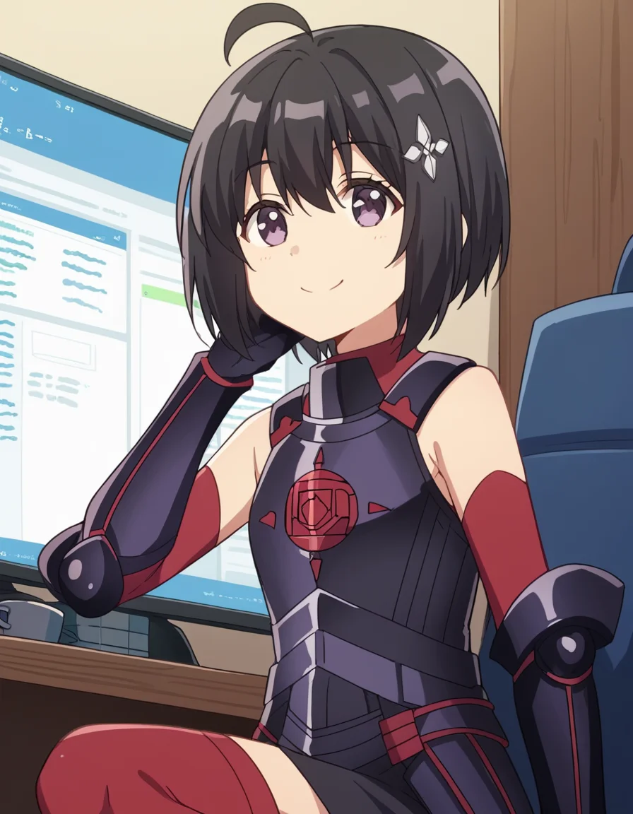 score_9, score_8_up, score_7_up, source_anime, <lora:bofuri-maple-s2-ponyxl-lora-nochekaiser:1>, maple, short hair, bangs, black hair, hair ornament, purple eyes, ahoge, bob cut,, thighhighs, gloves, bare shoulders, boots, black gloves, elbow gloves, armor, red thighhighs, black armor,, home office, working from home, computer screen, coffee cup, focus, deadline, smile, looking at viewer, foot forward, hand on shoulder, elbow out, solo,, cowboy shot, dutch angle