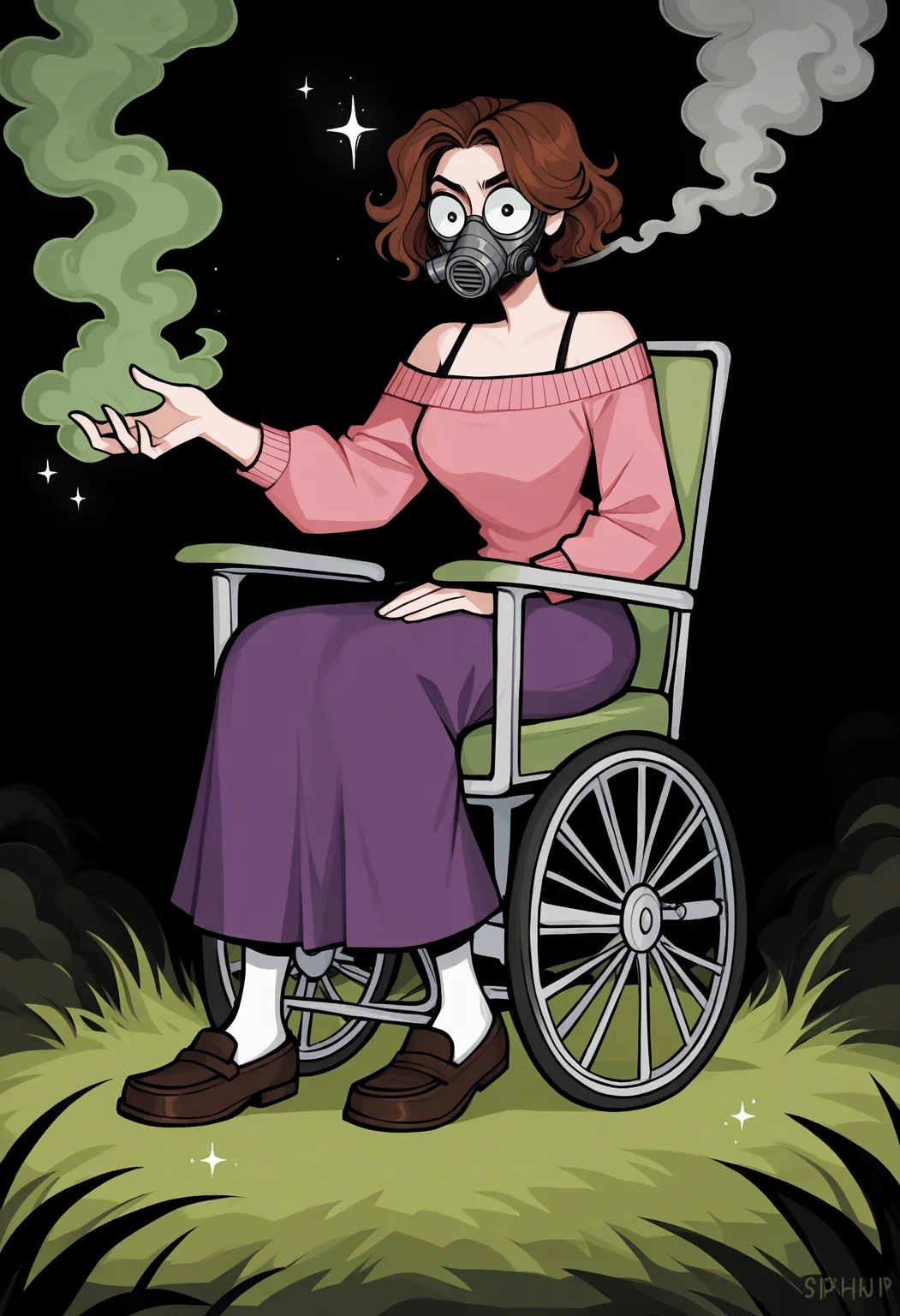 score_9, score_8_up, score_7_up, score_6_up, score_5_up, score_4_up,
BREAK
1girl, olivia funger, brown hair, short hair, wavy hair, black gas mask,
BREAK
sitting, wheelchair, green magic, green smoke, green mist, sparkles, black camisole, pink sweater, sweater under shirt, purple skirt, long skirt, black loafers, smoke bomb, gas, throwing, throwing grass,
BREAK
black background, dynamic pose, dark, <lora:Lunas-Olivia-Funger-SDXL-A1:1> <lora:Lunas-MatildaFiship-SDXL-A1:1>