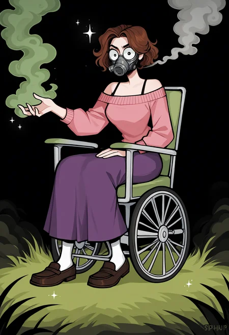 score_9, score_8_up, score_7_up, score_6_up, score_5_up, score_4_up,
BREAK
1girl, olivia funger, brown hair, short hair, wavy hair, black gas mask,
BREAK
sitting, wheelchair, green magic, green smoke, green mist, sparkles, black camisole, pink sweater, sweater under shirt, purple skirt, long skirt, black loafers, smoke bomb, gas, throwing, throwing grass,
BREAK
black background, dynamic pose, dark, <lora:Lunas-Olivia-Funger-SDXL-A1:1> <lora:Lunas-MatildaFiship-SDXL-A1:1>