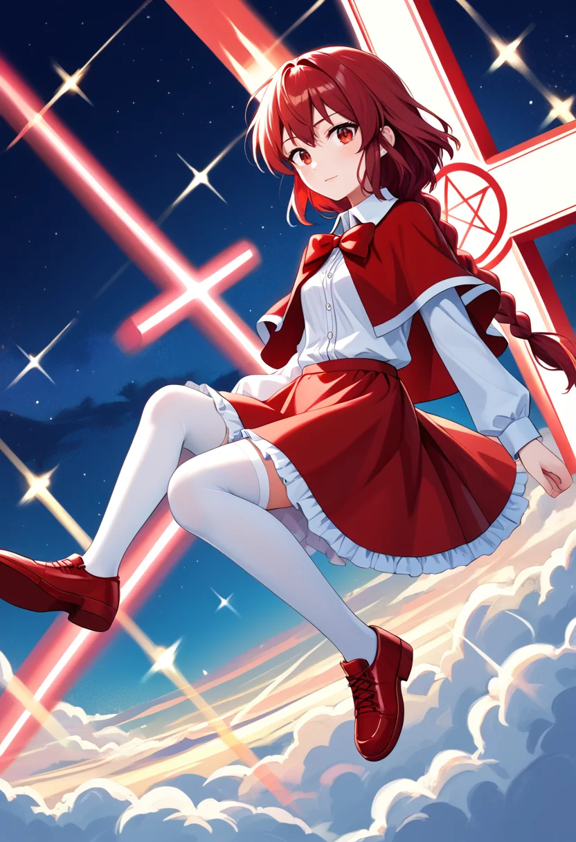 score_9_up, score_8_up, score_7_up, BREAK source_anime, (masterpiece), (best quality),1girl, okazaki yumemi, red hair, bow, red eyes, long hair, capelet, braid, red skirt, red vest, white shirts, long sleeves, red ribbons, red capelet, flying, (from front:0.5), (ultra detailed), shine, colorful lights, danmaku, cross_background, hexagram, red colored shoes, white stockings, <lora:yumemi_okazaki(touhou)-V1:1>