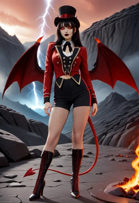 A 35mm photo of a beautiful slim woman, she is a reptilian demon , pale red demon skin with orange belly skin and inner thighs, black demon horns, clawed demonic hands, digitigrade red demon hooves, spade tipped demon tail, standing in a volcano, long straight black hair, large green feline demon eyes, demonic wings, lit with a sickly green light, red sky, blue lightning, broad sexy hips, slim waist, pert breasts, wearing a fitted red tailcoat and black yoga leggings
ruffled lingerie, lava, fire, volcano, lightning, hud_rngmstr,  black shorts, red long sleeve sequin short jacket, buttons, top hat, black neck ribbon, fishnet pantyhose, high heel boots