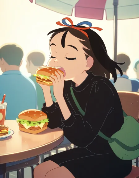 score_9, score_8_up, score_7_up, source_anime, <lora:kikimac-ponyxl-000009:0.9> 1girl, solo, kikimac, hair ribbon, black dress, dress, sitting,
from side, closed eyes, open mouth, eating, holding food, lettuce, sandwich