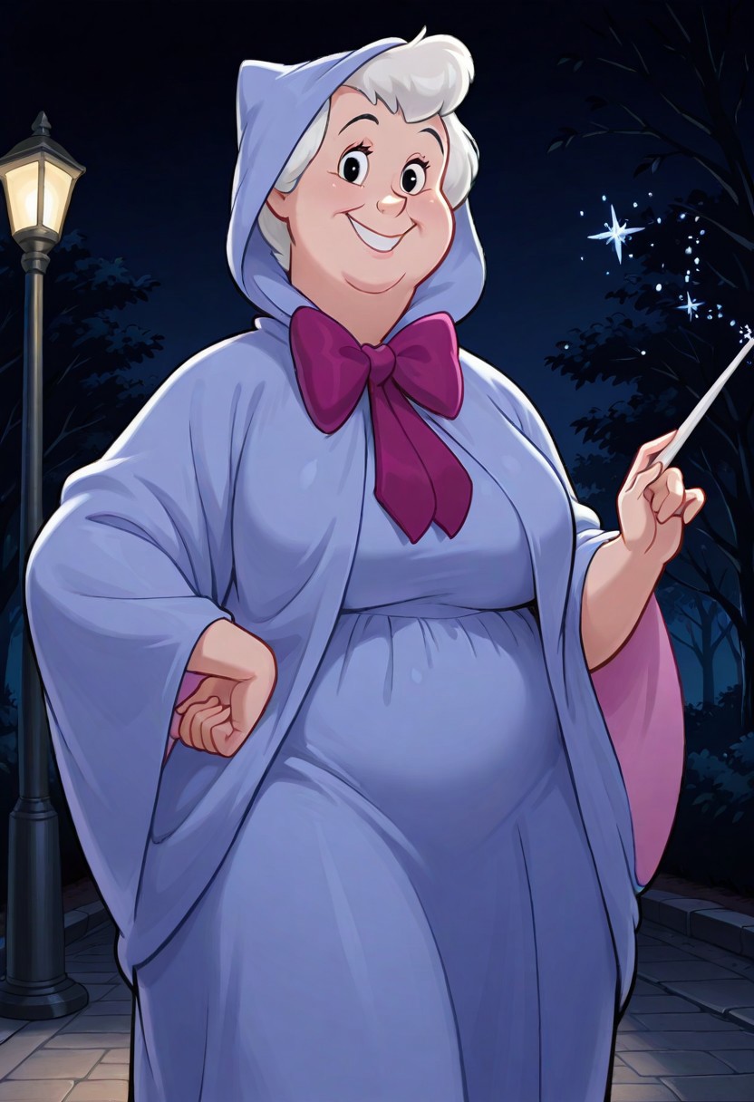 score_9,score_8_up,score_7_up,score_6_up,best quality, 1girl, solo, night, dark background, trees, lamppost, BREAK fairygm, (mature female:1.2), chubby, white hair, black eyes, looking at viewer, hooded robe, blue robe, hood up, purple bow, bowtie, large breasts, wide hips, smile, wand, holding wand, magic sparkles, one hand on hips