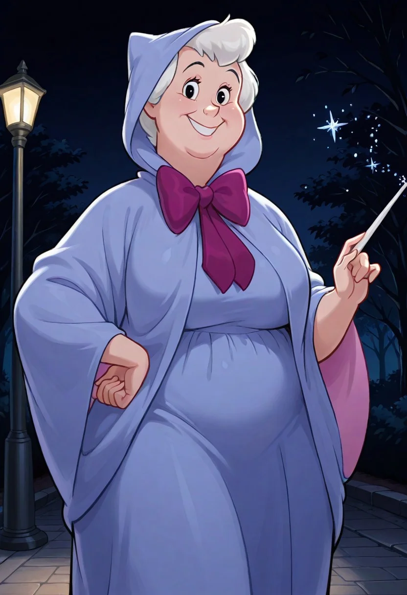 score_9,score_8_up,score_7_up,score_6_up,best quality, 1girl, solo, night, dark background, trees, lamppost, BREAK fairygm, (mature female:1.2), chubby, white hair, black eyes, looking at viewer, hooded robe, blue robe, hood up, purple bow, bowtie, large breasts, wide hips, smile, wand, holding wand, magic sparkles, one hand on hips