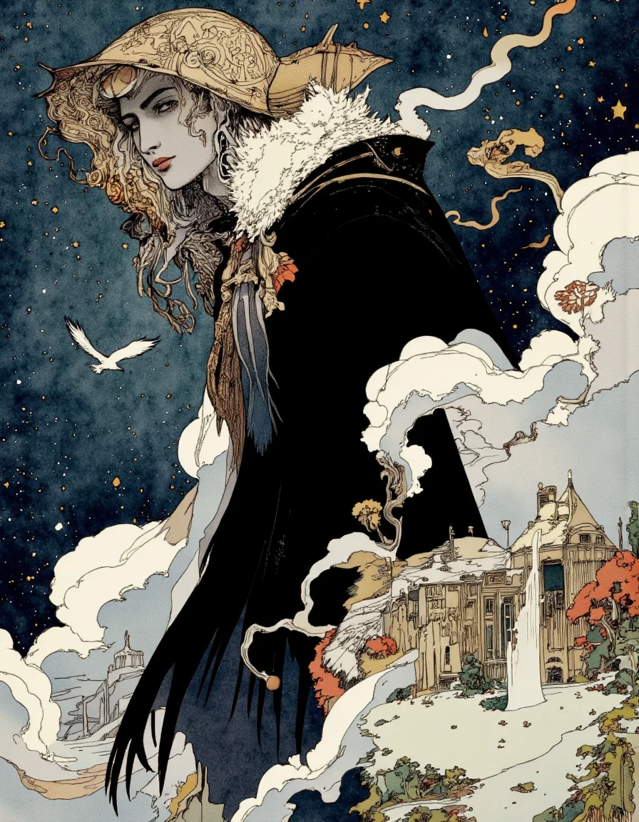 Art by Akiya Kageichi. A digital illustration shoot from a profile camera angle about a mysterious figure with intricate, stylized features and a starry sky in the background. the image also shows a serene and ethereal atmosphere. on the middle of the image, a man, who appears to be in his late 20s, with a serious expression, is standing with his upper body visible. he is wearing a dark cloak and a large, ornate hat with intricate patterns. his hair is styled in a long, flowing manner, and his eyes are looking directly at the viewer. he has a serious and contemplative expression. his body is slim, and he is surrounded by a dreamy, ethereal landscape with swirling clouds, stars, and a bird flying in the air.