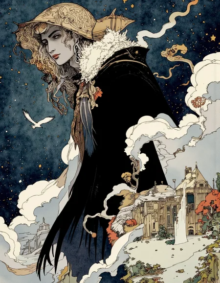 Art by Akiya Kageichi. A digital illustration shoot from a profile camera angle about a mysterious figure with intricate, stylized features and a starry sky in the background. the image also shows a serene and ethereal atmosphere. on the middle of the image, a man, who appears to be in his late 20s, with a serious expression, is standing with his upper body visible. he is wearing a dark cloak and a large, ornate hat with intricate patterns. his hair is styled in a long, flowing manner, and his eyes are looking directly at the viewer. he has a serious and contemplative expression. his body is slim, and he is surrounded by a dreamy, ethereal landscape with swirling clouds, stars, and a bird flying in the air.