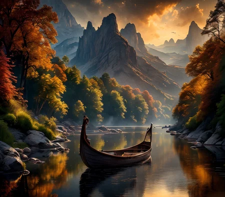 RAW photo, (masterpiece:1.3), subsurface scattering, heavy shadow, (high quality:1.4), (intricate, high detail:1.2), professional photography, HDR, High Dynamic Range, realistic, ultra realistic, photorealistic, high resolution, film photography, ambient lighting, atmospheric effects, <lora:detail_slider_v4:2>, OverallDetail, <lora:FantasyRiver:1>, fantri, a boat on a river, forest, mountains in the background
