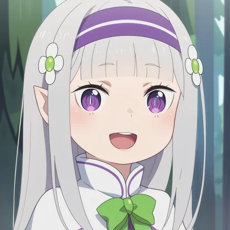 score_9, score_8_up,
<lora:LolimiliaXL-000030:1>,1girl, long hair, grey hair, hair flower, bangs, pointy ears, hairband, solo, blunt bangs,  white capelet,  looking at viewer, purple dress,very long hair, green bow, purple eyes, smile,open mouth,portrait, close up,
outdoors, forest,
anime screencap, anime coloring,source_anime,