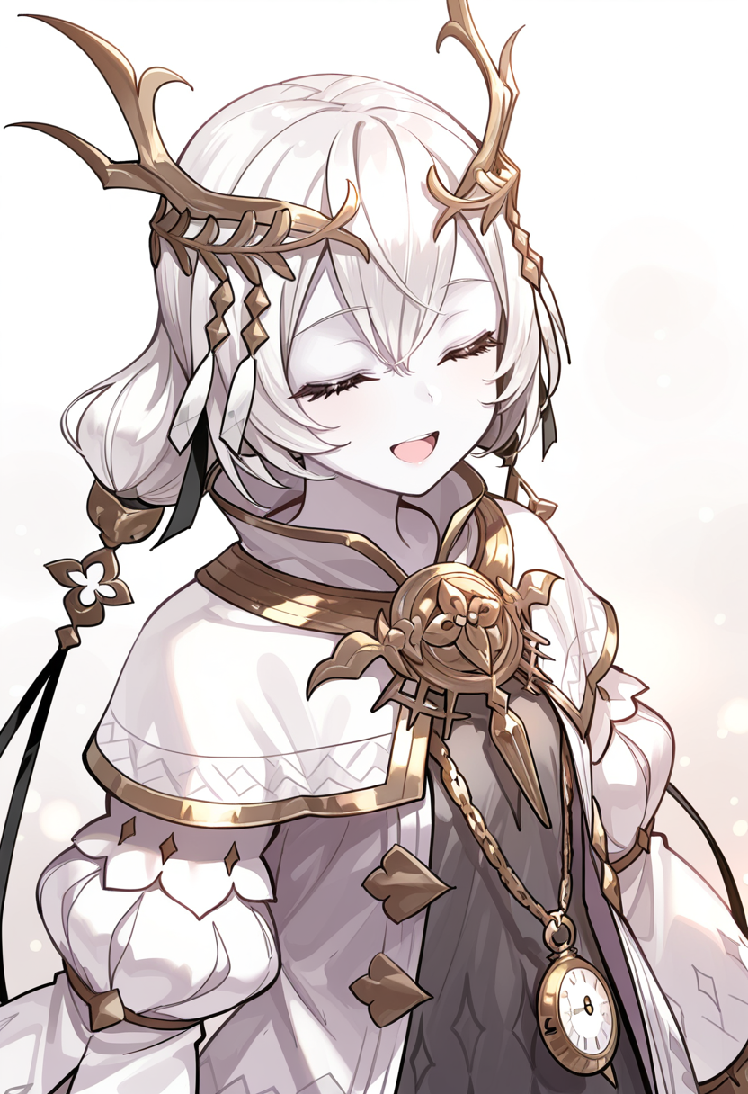 1girl, sole, masterpiece, best quality, high quality, kara ideasu(ryza), white hair, short hair, hair ornament, pale skin, grey dress, white coat, pendant watch,upper body, looking at viewer, close eyes, smile, open mouth