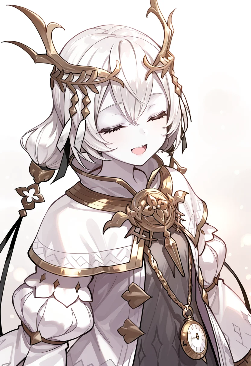1girl, sole, masterpiece, best quality, high quality, kara ideasu(ryza), white hair, short hair, hair ornament, pale skin, grey dress, white coat, pendant watch,upper body, looking at viewer, close eyes, smile, open mouth