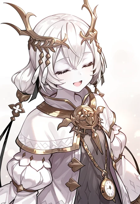 1girl, sole, masterpiece, best quality, high quality, kara ideasu(ryza), white hair, short hair, hair ornament, pale skin, grey dress, white coat, pendant watch,upper body, looking at viewer, close eyes, smile, open mouth