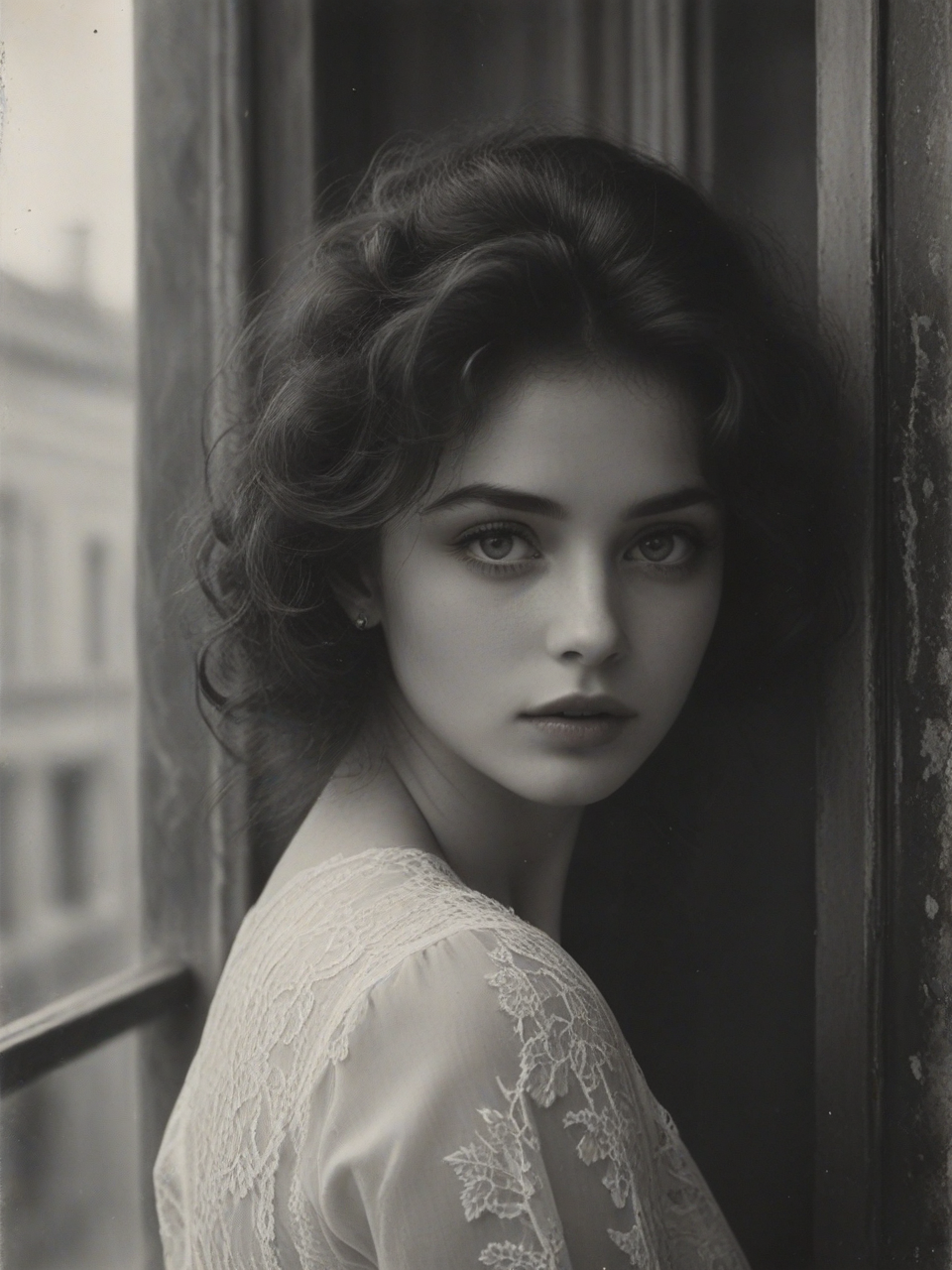 Baroque, Luxurious Elegance, (masterpiece), (best quality), (ultra-detailed), ((B&W 35mm Vintage photo of)) 19th century, The girl is stands at the window, the girl is slender, attractive girl, her french twist haircut with a reddish tinge, her eyes are large and expressive, dark eyebrows, the girl's lips are plump, (she holds a letter on a paper sheet:2.1), the girl is dressed in ((a (white) loose strict modest dress with lace:1.5)), comfortable shoes with a bow on the girl's feet, the window the girl is looking through. decorated with beautiful curtains, the living room is covered with luxory light blue wallpaper, which makes the room cozy, the girl stands strong, curvy, big soft natural breasts, hourglass figure, flushed face, ultra curly dark red hair, amber eyes, sweaty skin, low key lighting, RAW photo, detailed textures, sharp focus, ultra-high pixel detail, intricate, realistic, dramatic, cinematic, high-quality, full colors, incredibly detailed, 4k, hyper-realistic, RAW photo, masterpiece, ultra-detailed, professional ((B&W)) photography, bokeh, illustration, <lora:add-detail-xl:0.7>, <lora:SDXL_Enhance:0.45>, <lora:detailed_hands:0.4>, <lora:Vintage_Street_Photo:0.6>, vignette, illustration, disheveled hair, detailed eyes, perfect composition, moist skin, intricate details, earrings, by wlop, extravagant, ornate, designer, opulent, picturesque, lavish, dramatic, exuberant, grandeur, baroque art