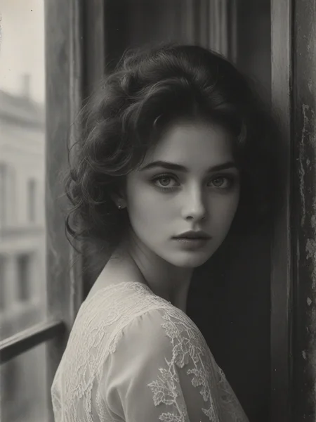 Baroque, Luxurious Elegance, (masterpiece), (best quality), (ultra-detailed), ((B&W 35mm Vintage photo of)) 19th century, The girl is stands at the window, the girl is slender, attractive girl, her french twist haircut with a reddish tinge, her eyes are large and expressive, dark eyebrows, the girl's lips are plump, (she holds a letter on a paper sheet:2.1), the girl is dressed in ((a (white) loose strict modest dress with lace:1.5)), comfortable shoes with a bow on the girl's feet, the window the girl is looking through. decorated with beautiful curtains, the living room is covered with luxory light blue wallpaper, which makes the room cozy, the girl stands strong, curvy, big soft natural breasts, hourglass figure, flushed face, ultra curly dark red hair, amber eyes, sweaty skin, low key lighting, RAW photo, detailed textures, sharp focus, ultra-high pixel detail, intricate, realistic, dramatic, cinematic, high-quality, full colors, incredibly detailed, 4k, hyper-realistic, RAW photo, masterpiece, ultra-detailed, professional ((B&W)) photography, bokeh, illustration, <lora:add-detail-xl:0.7>, <lora:SDXL_Enhance:0.45>, <lora:detailed_hands:0.4>, <lora:Vintage_Street_Photo:0.6>, vignette, illustration, disheveled hair, detailed eyes, perfect composition, moist skin, intricate details, earrings, by wlop, extravagant, ornate, designer, opulent, picturesque, lavish, dramatic, exuberant, grandeur, baroque art