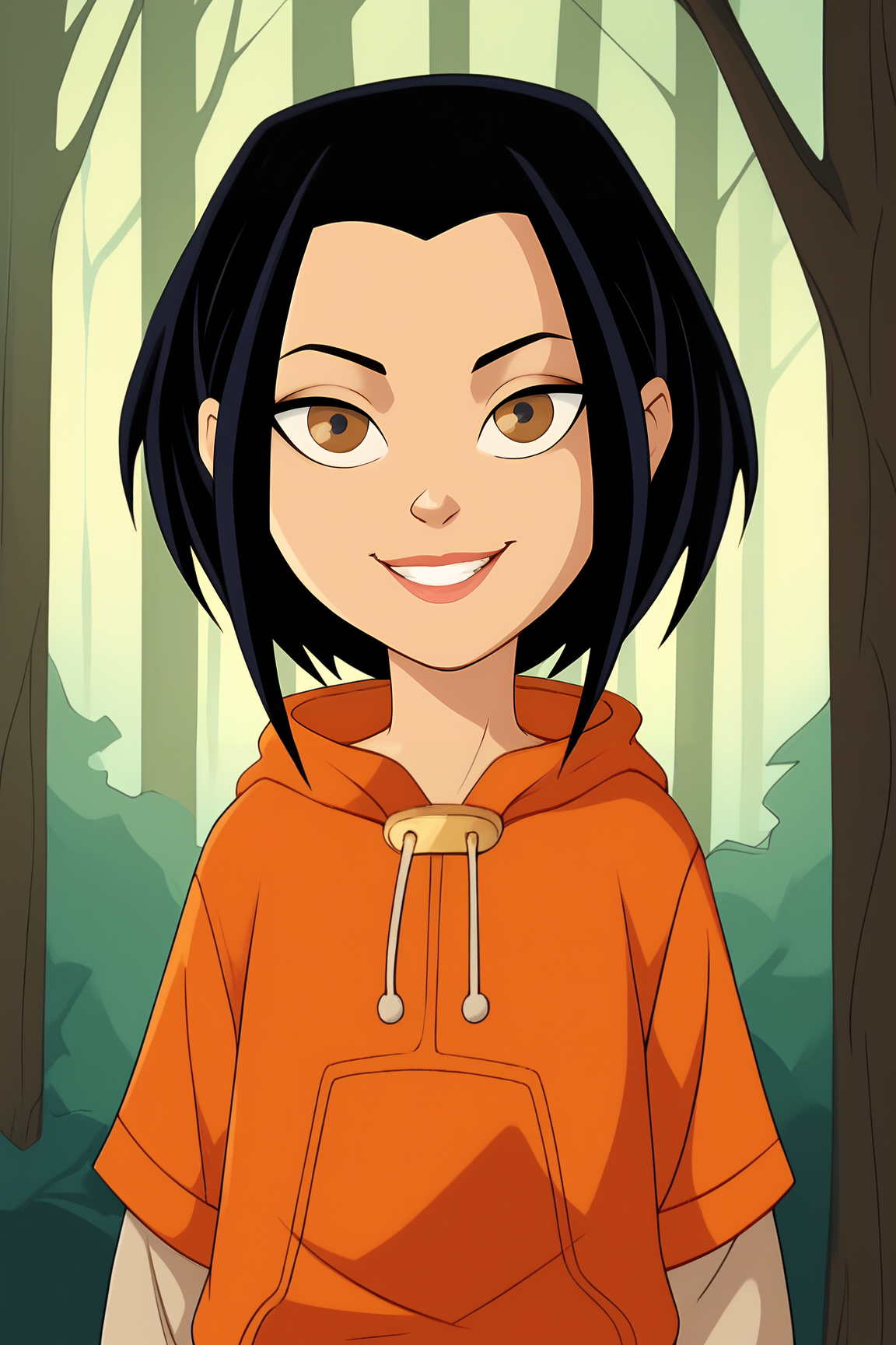 score_9, score_8_up, score_7_up, score_6_up, BREAK, JadeJCAPXL, colored skin, dark-skinned female, brown eyes, black hair, short hair, flat chest, hood down, orange hoodie, short over long sleeves, blue pants, solo, front view, (portrait, upper body), solo focus, seductive smile, looking at viewer, forest, tree  <lora:JadeJCAPXL:1>