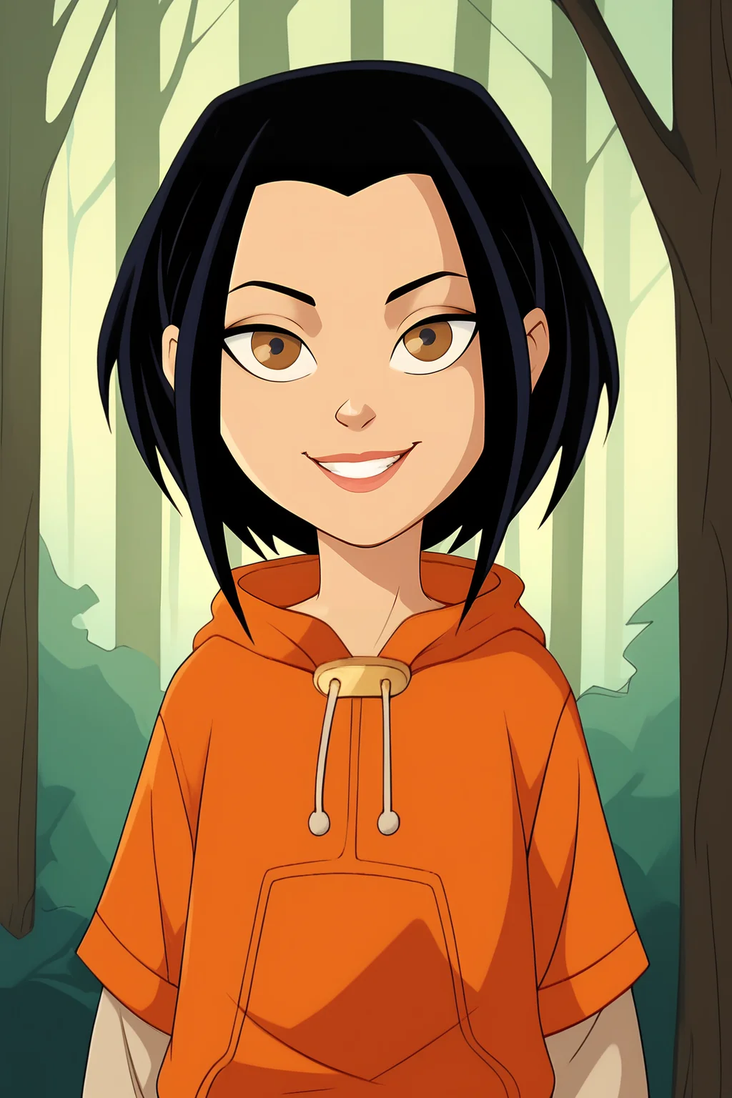 score_9, score_8_up, score_7_up, score_6_up, BREAK, JadeJCAPXL, colored skin, dark-skinned female, brown eyes, black hair, short hair, flat chest, hood down, orange hoodie, short over long sleeves, blue pants, solo, front view, (portrait, upper body), solo focus, seductive smile, looking at viewer, forest, tree <lora:JadeJCAPXL:1>