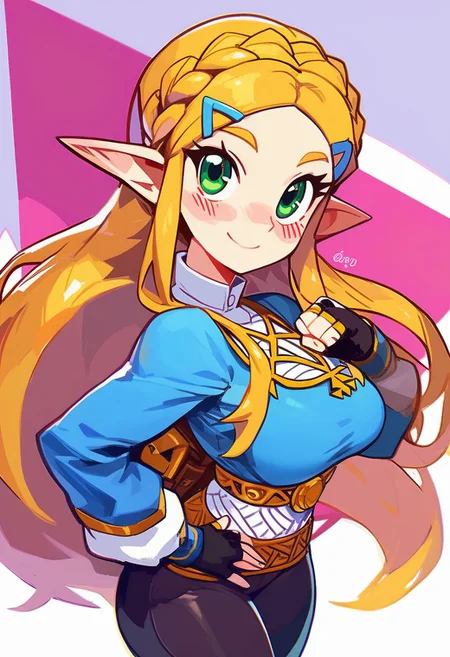 score_9, score_8_up, score_8, medium breasts, cute, eyelashes, princess zelda, long hair, crown braid, hairclip, pointy ears, blue shirt, long sleeves, fingerless gloves, black gloves, black pants, tight pants, green eyes, solo, looking at viewer, smile, blush,