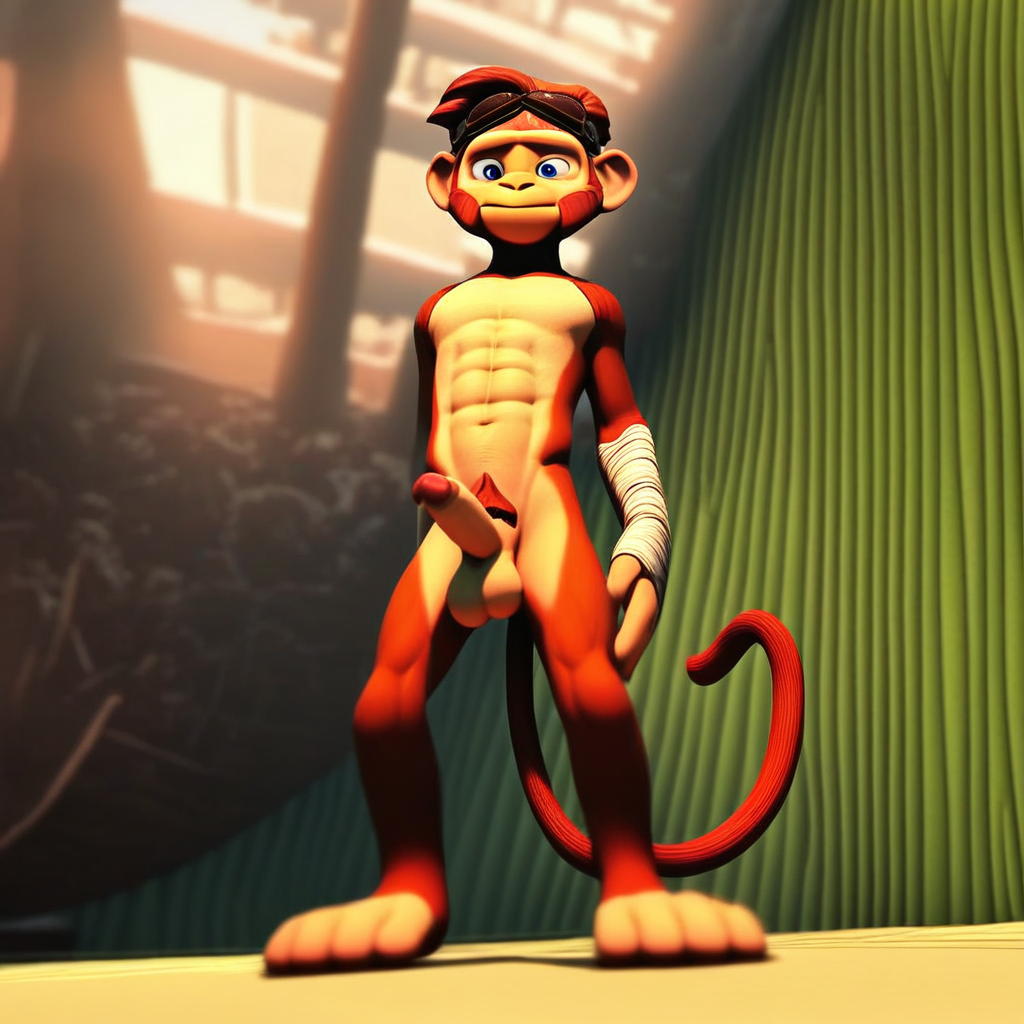 spark, tail, monkey tail, monkey, 1boy, goggles, male focus, solo, goggles on head, furry male, brown hair, blue eyes,  pubic hair, completely nude, abs, penis, balls, standing, full body,  score_9, score_8_up, score_7_up, score_6_up <lora:vinceteaa_020_04v2-step00000400r:1> good face, good eyes,