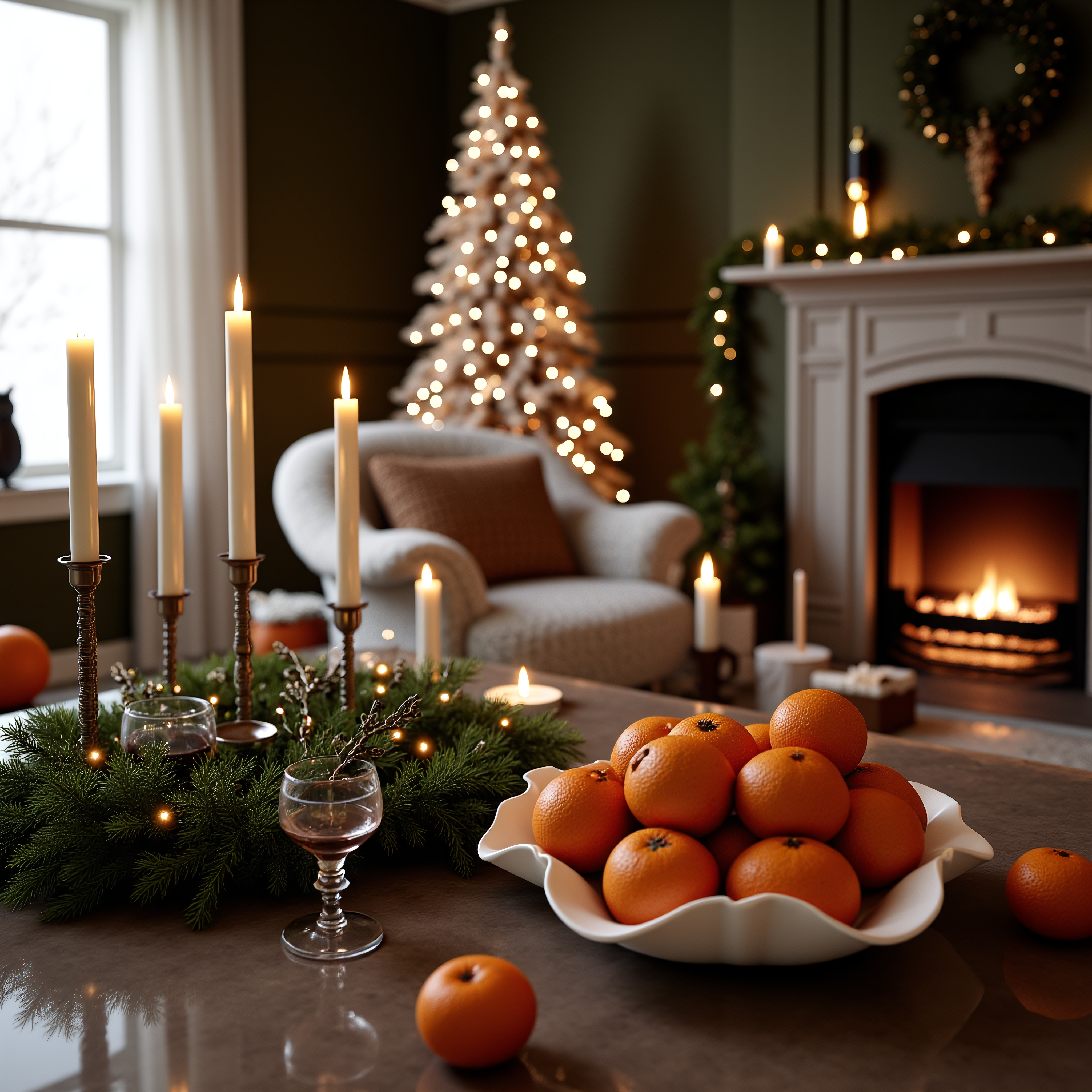 A cozy Christmas dinner scene, hyperrealistic, in a living room with a decorated Christmas tree, a fireplace with a fire, and a comfy armchair. The scene is lit by warm, ambient light, creating a soft glow. The color palette is muted tones of warm browns, creams, and deep greens, with pops of orange from the tangerines and the Christmas lights. A dining table is centered in the foreground, covered in a light-colored marble or stone surface, decorated with candles in metallic holders, a few glasses, Christmas greenery, and a large bowl of tangerines, draped with slightly translucent white paper. There are strings of warm white fairy lights decorating the tree, and the fireplace. A dark-colored armchair with a textured, burnt-orange throw pillow. The background contains a large window with sheer white curtains, allowing soft daylight through. A silhouette of an owl is on a small table. A wine glass with a red wine in it are also on the table. Focus on the bowl of tangerines and the warm candlelight.